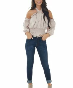 Peach Love Light Latte Swiss Dot Off Shoulder Halter Top Tops