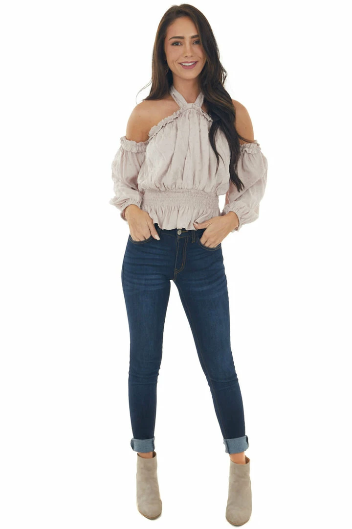 Peach Love Light Latte Swiss Dot Off Shoulder Halter Top Tops 4 Peach Love Light Latte Swiss Dot Off Shoulder Halter Top Tops