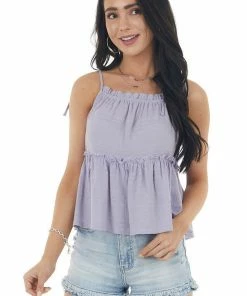 Lush Clothing Light Lavender Ruffled Textured Blouse With Tie Straps