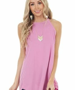 White Birch Light Magenta Sleeveless High Neck Top With Open Slit Back Tops