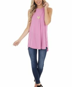 White Birch Light Magenta Sleeveless High Neck Top With Open Slit Back Tops 20 White Birch Light Magenta Sleeveless High Neck Top With Open Slit Back Tops