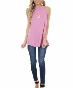 White Birch Light Magenta Sleeveless High Neck Top With Open Slit Back Tops