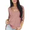 Vanilla Bay Tops Light Marsala Half Sleeve Knit Top With Chest Cut Outs