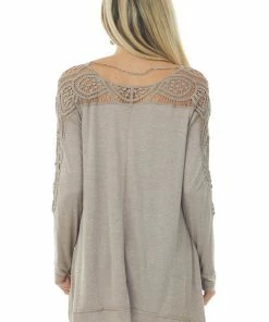Faith Apparel Tops Light Mocha Long Sleeve Top With Lace And Asymmetrical Hem 12 Faith Apparel Tops Light Mocha Long Sleeve Top With Lace And Asymmetrical Hem