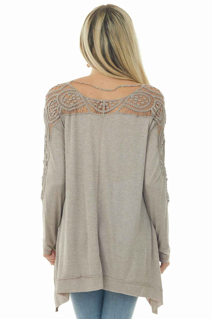 Faith Apparel Tops Light Mocha Long Sleeve Top With Lace And Asymmetrical Hem 7 Faith Apparel Tops Light Mocha Long Sleeve Top With Lace And Asymmetrical Hem