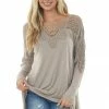 Faith Apparel Tops Light Mocha Long Sleeve Top With Lace And Asymmetrical Hem