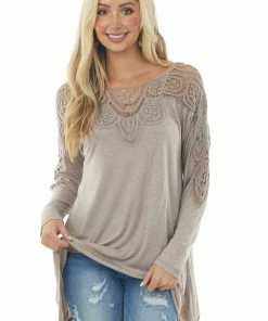 Faith Apparel Tops Light Mocha Long Sleeve Top With Lace And Asymmetrical Hem