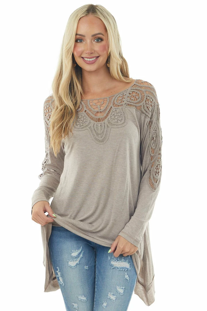 Faith Apparel Tops Light Mocha Long Sleeve Top With Lace And Asymmetrical Hem 3 Faith Apparel Tops Light Mocha Long Sleeve Top With Lace And Asymmetrical Hem