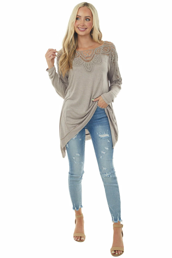 Faith Apparel Tops Light Mocha Long Sleeve Top With Lace And Asymmetrical Hem 5 Faith Apparel Tops Light Mocha Long Sleeve Top With Lace And Asymmetrical Hem