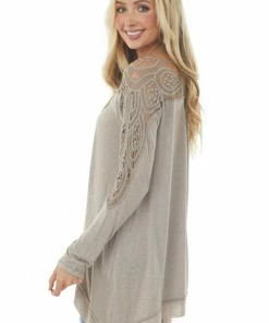 Faith Apparel Tops Light Mocha Long Sleeve Top With Lace And Asymmetrical Hem 11 Faith Apparel Tops Light Mocha Long Sleeve Top With Lace And Asymmetrical Hem