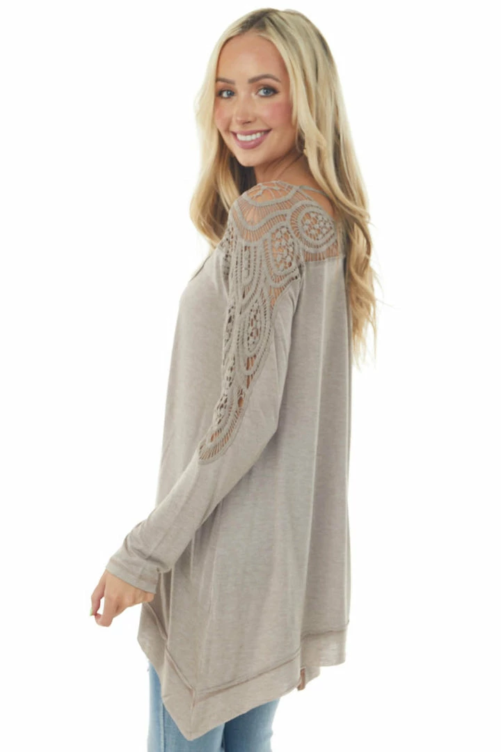 Faith Apparel Tops Light Mocha Long Sleeve Top With Lace And Asymmetrical Hem 6 Faith Apparel Tops Light Mocha Long Sleeve Top With Lace And Asymmetrical Hem