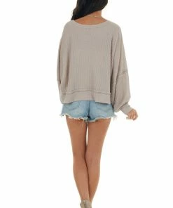 She + Sky Light Mocha Waffle Knit Puff Sleeve Loose Top Tops