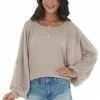 She + Sky Light Mocha Waffle Knit Puff Sleeve Loose Top Tops