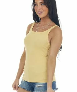 La Miel Tops Light Mustard Ribbed Knit Scoop Neck Tank Top