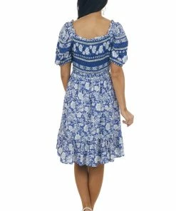 Jodifl Light Navy Tropical Print Smocked Short Dress