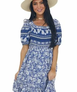 Jodifl Light Navy Tropical Print Smocked Short Dress