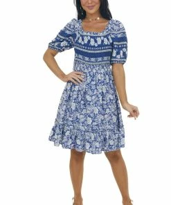 Jodifl Light Navy Tropical Print Smocked Short Dress