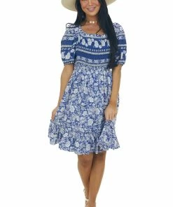 Jodifl Light Navy Tropical Print Smocked Short Dress