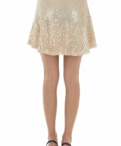 Umgee Light Nude Sequin Elastic Waistband Mini Skirt Bottoms
