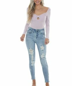 LE LIS Light Orchid Long Sleeve Bow Front Bodysuit