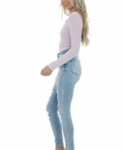 LE LIS Light Orchid Long Sleeve Bow Front Bodysuit