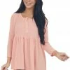 Ces Femme Tops Coral Babydoll 3/4 Sleeve Oversized Henley Knit Top