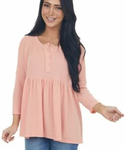 Ces Femme Tops Coral Babydoll 3/4 Sleeve Oversized Henley Knit Top