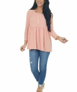 Ces Femme Tops Coral Babydoll 3/4 Sleeve Oversized Henley Knit Top