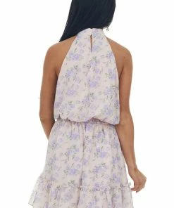 Sweet Lemon Light Peach Floral Halter Neck Blouson Dress Dresses