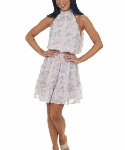 Sweet Lemon Light Peach Floral Halter Neck Blouson Dress Dresses