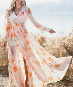 Bighit Fashion Light Peach Floral Print Long Sleeve Sheer Woven Maxi Dress Dresses 25 Bighit Fashion Light Peach Floral Print Long Sleeve Sheer Woven Maxi Dress Dresses
