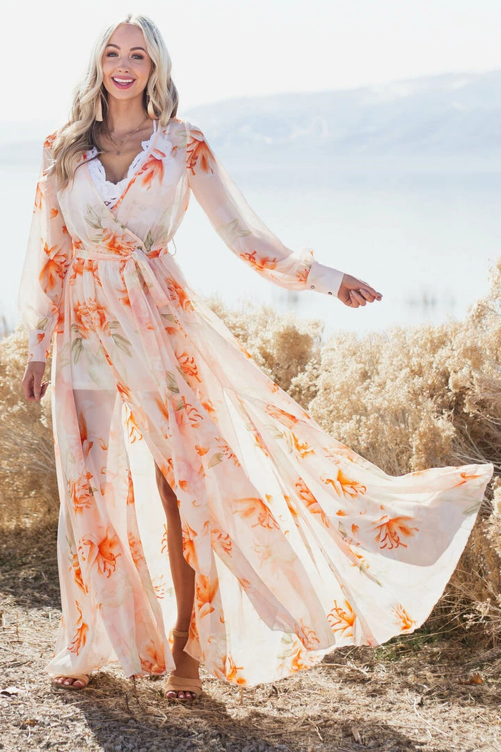 Bighit Fashion Light Peach Floral Print Long Sleeve Sheer Woven Maxi Dress Dresses 10 Bighit Fashion Light Peach Floral Print Long Sleeve Sheer Woven Maxi Dress Dresses
