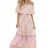 Aakaa Light Peach Floral Print Off Shoulder Woven Maxi Dress Dresses