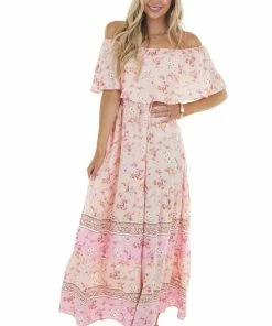 Aakaa Light Peach Floral Print Off Shoulder Woven Maxi Dress Dresses