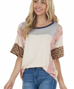 BiBi Tops Light Peach Knit Top With Floral And Leopard Print Contrast