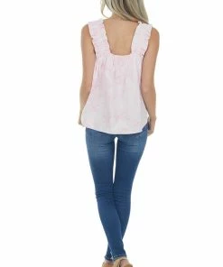 Umgee Tops Light Pink Acid Wash Tank With Ruffled Straps