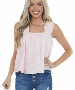 Umgee Tops Light Pink Acid Wash Tank With Ruffled Straps