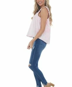 Umgee Tops Light Pink Acid Wash Tank With Ruffled Straps