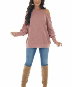 Fantastic Fawn Light Punch Cold Shoulder Fuzzy Banded Sweater Tops