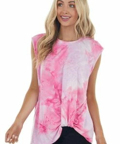 Haptics Light Raspberry Tie Dye Knit Muscle Tank With Twist Detail