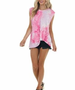 Haptics Light Raspberry Tie Dye Knit Muscle Tank With Twist Detail