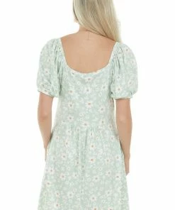Haptics Dresses Light Sage Floral Puff Sleeve Knit Short Dress