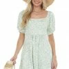 Haptics Dresses Light Sage Floral Puff Sleeve Knit Short Dress