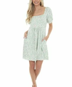 Haptics Dresses Light Sage Floral Puff Sleeve Knit Short Dress
