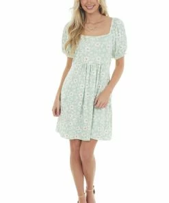 Haptics Dresses Light Sage Floral Puff Sleeve Knit Short Dress