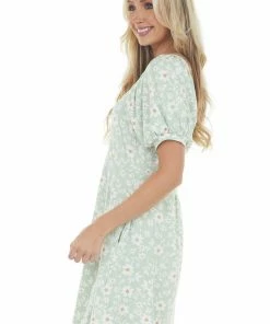 Haptics Dresses Light Sage Floral Puff Sleeve Knit Short Dress