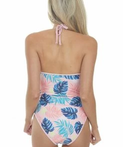 Stylish Swimwear Light Salmon Tropical Print One Piece Swimsuit