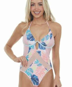 Stylish Swimwear Light Salmon Tropical Print One Piece Swimsuit