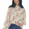 Entro Light Sand Floral Print Smocked Yoke Blouse