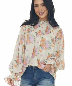 Entro Light Sand Floral Print Smocked Yoke Blouse